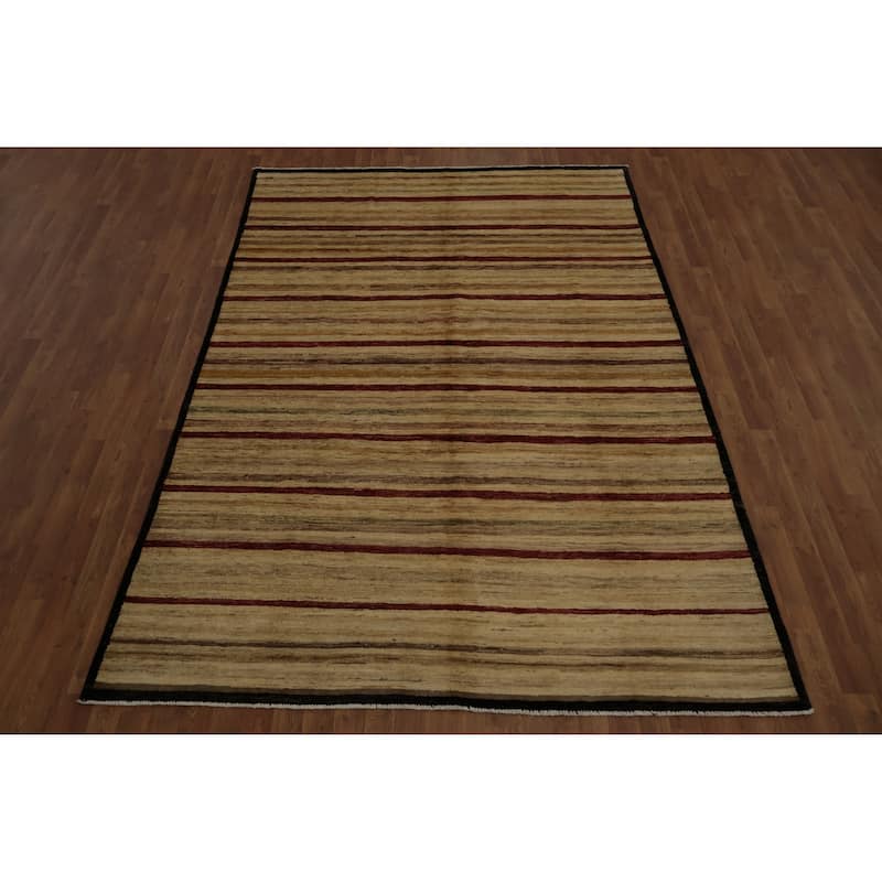 Hand Knotted Oriental 100% Wool Carpet Modern Stripe Beige & Ivories Gabbeh Area Rug - 9' 7'' X 6' 6''
