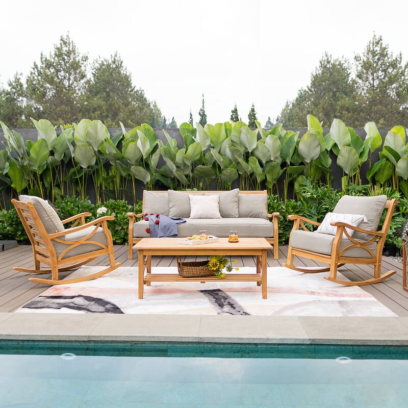 Cambridge Casual Lowell Teak Patio Conversation Set of 4 with Cushion - Natural Teak/Beige Cushion