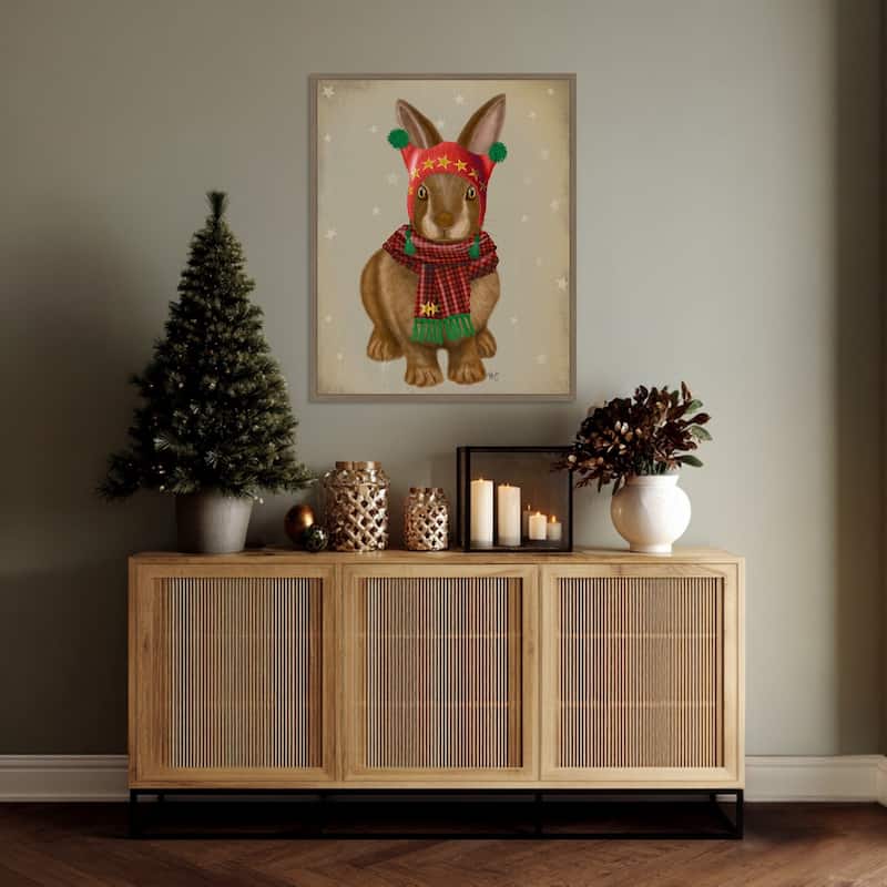 Bunny and Bobble Hat by Fab Funky (23 x 28 in.), Framed Canvas Wall Art Print - Sylvie Dark Gold