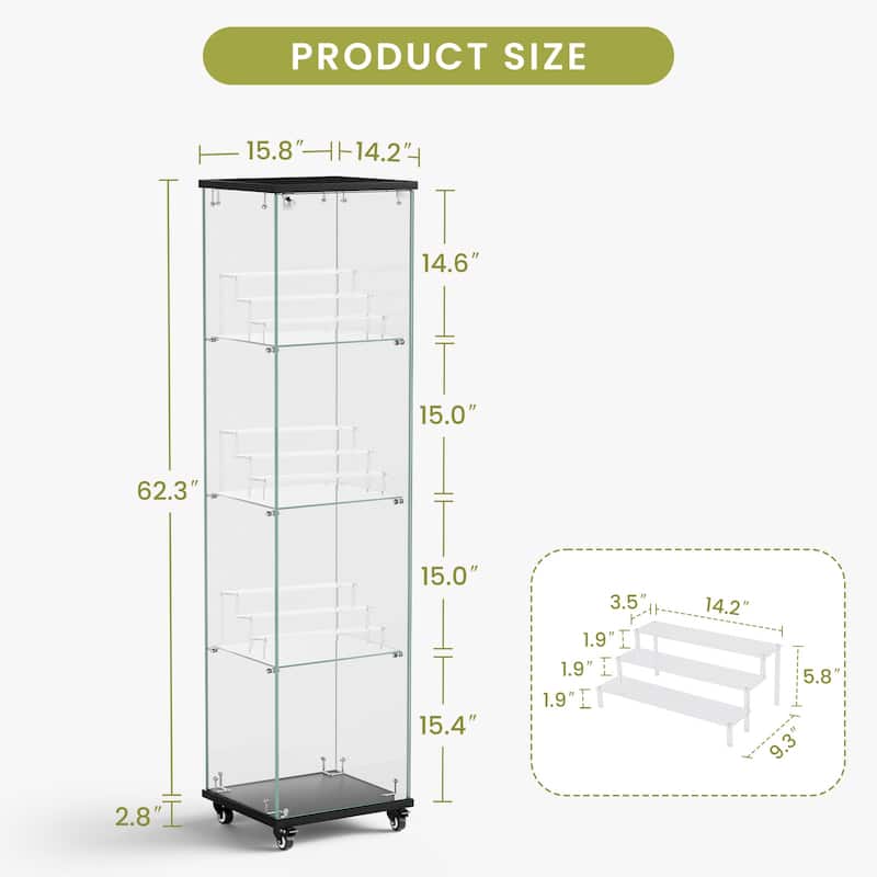 4-Tier Glass Display Cabinet with Lock and Wheels, Single Door Storage Case with 3 Acrylic Shelves for Collectibles and Office