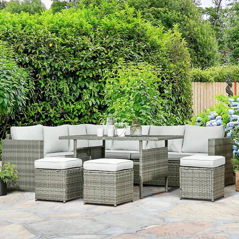 7PCS PE Rattan Patio Set, L Shape Sectional Storage, Weatherproof