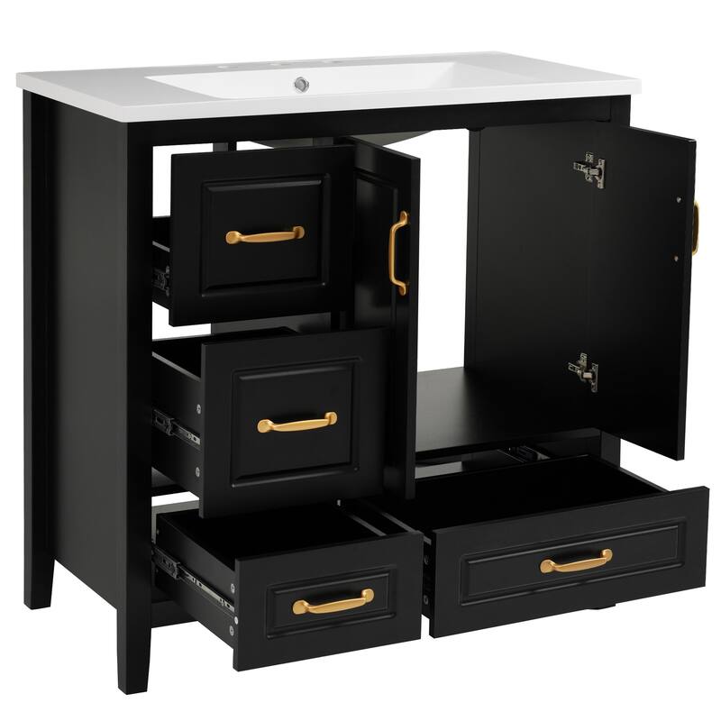 36 inch Bathroom Vanity with Sink, One Cabinet with Soft-closing Doors, 4 Soft-Closing Drawers, Metal Handles