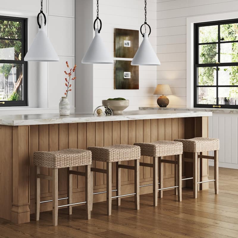 Harvey Rattan Bar Stool, Bohemian Counter Height Stool with Woven Seagrass Seat, Solid Wood Legs, and Metal Footrest