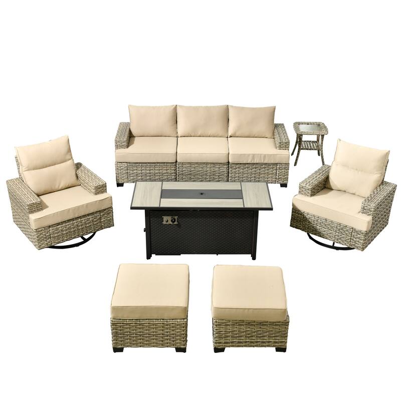 HOOOWOOO 9-piece Outdoor Wicker Furniture Swivel Rocking Chair Set with Fire Pit Table