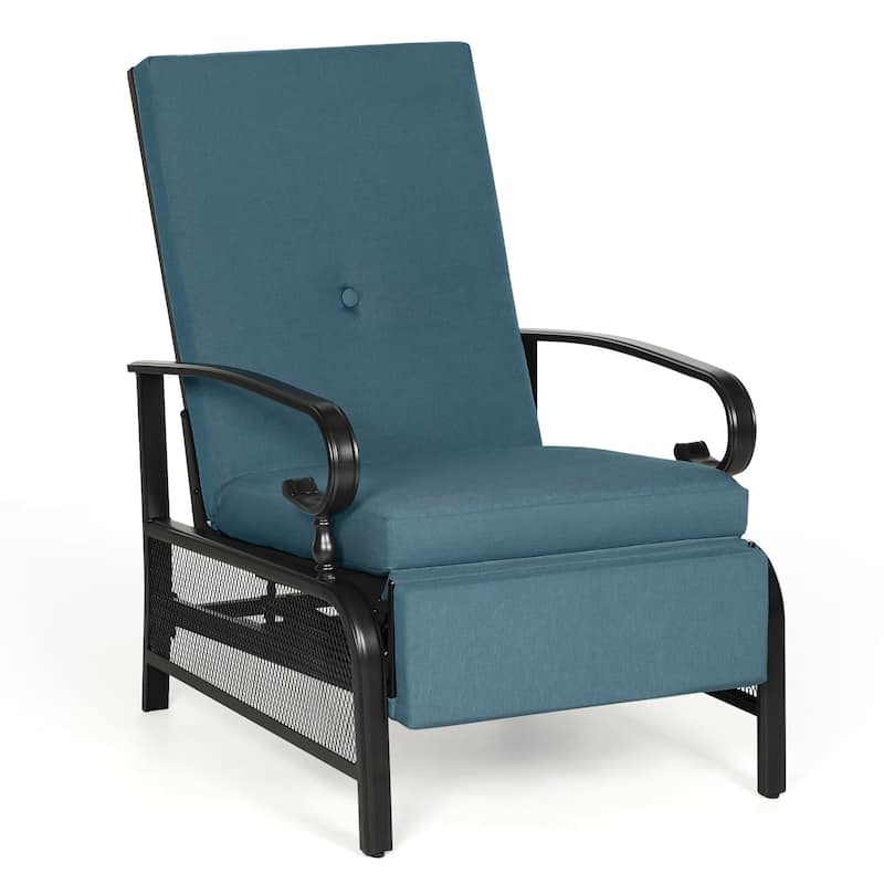 Outdoor Metal Patio Adjustable Recliner Lounge Chair & Bistro Table Set, Retractable Steel Frame and Removable Thick Cushion