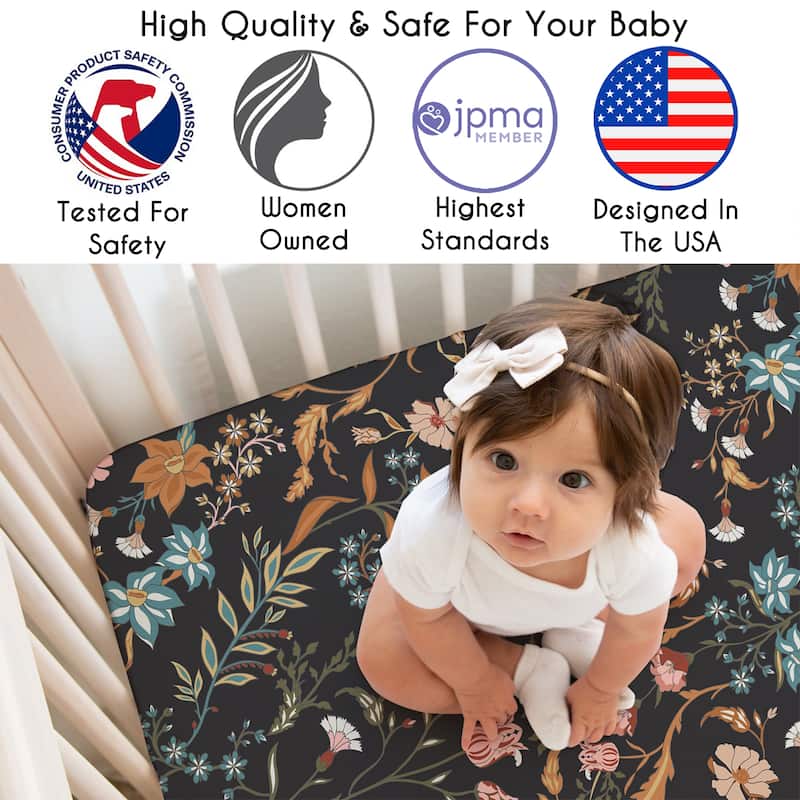 Sweet Jojo Designs Black Boho Wildflower Vintage Floral Girl 3 Pack Fitted Crib Sheets - Solid Orange & Bohemian, Farmhouse Leaf