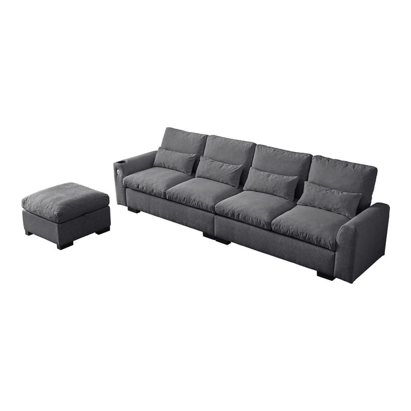 114.5" Modern Chenille L Shaped Sofa With Reversible Ottoman,Sectional Couch With USB Ports & Cup Holder