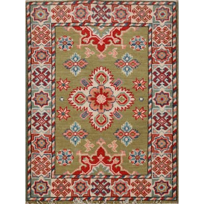 Green Geometric Kazak Oriental Rug Hand-Knotted Wool Carpet - 2'0"x 3'0"