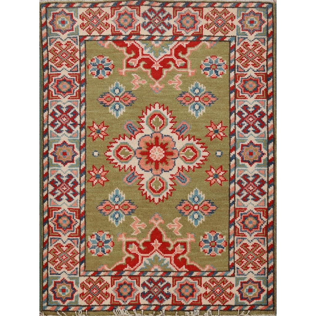Green Geometric Kazak Oriental Rug Hand-Knotted Wool Carpet - 2'0"x 3'0"