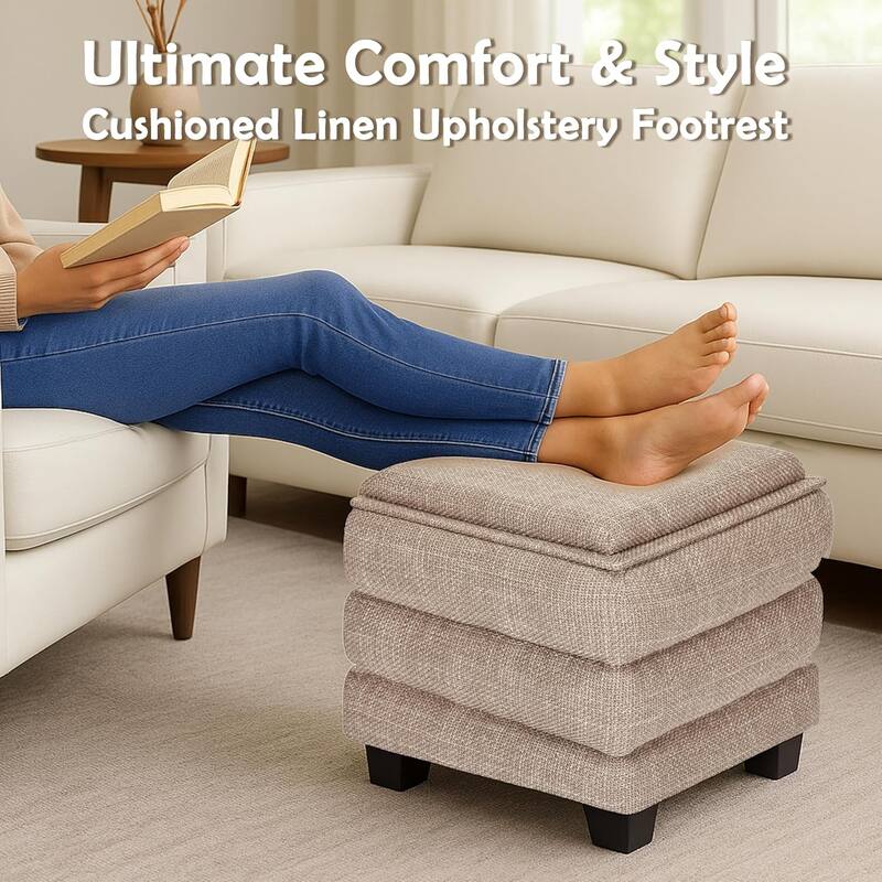 Modern Cube Ottoman with Tray Top and Hidden Storage Linen Seat