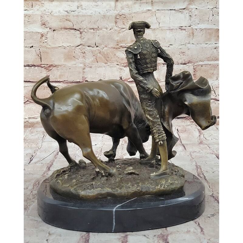 Spanish Matador W/ Imitative Bull - Signed Original Bronze Metal Sculpture Statue