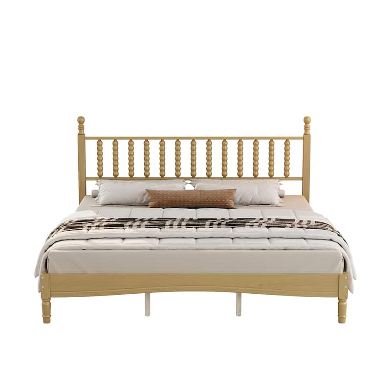 King/Full Size Wood Platform Bed with Gourd Shaped Headboard - Retro Style Wooden Slat Support Bed Frame