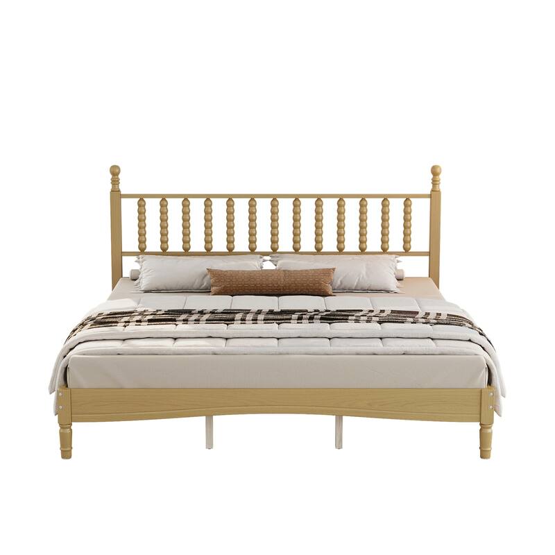 Retro Style Wood Low Profile Platform Bed with Wooden Slat Support and Gourd Shaped Headboard, No Box Spring Needed