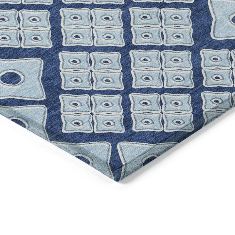 Navy Blue And Light Blue Geometric Washable Indoor Outdoor Area Rug - 8' X 10'
