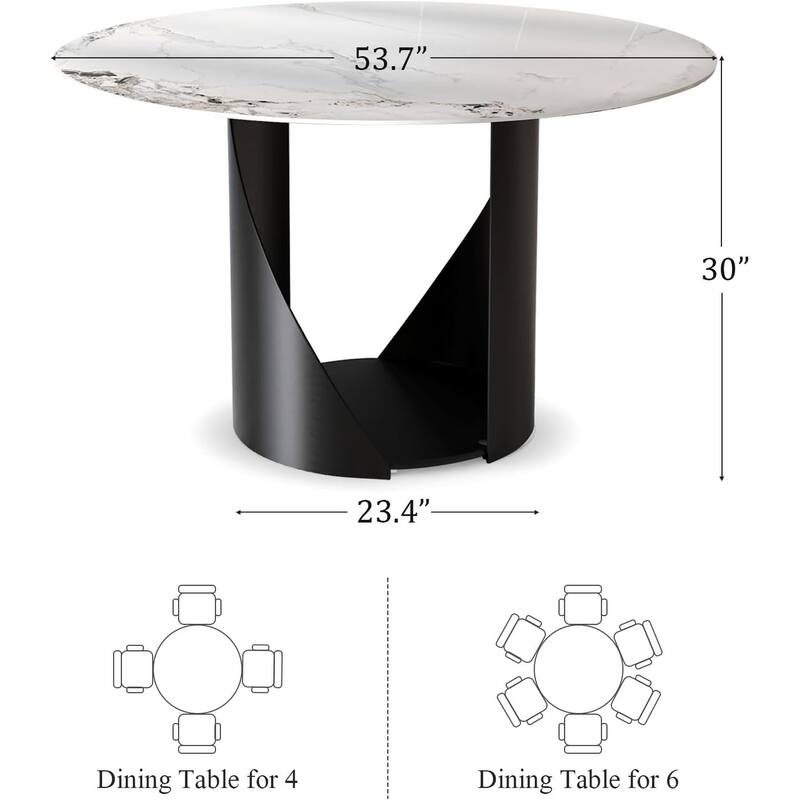 White Round Sintered Stone Dining Table with Matte Black Sandblasted Texture Base
