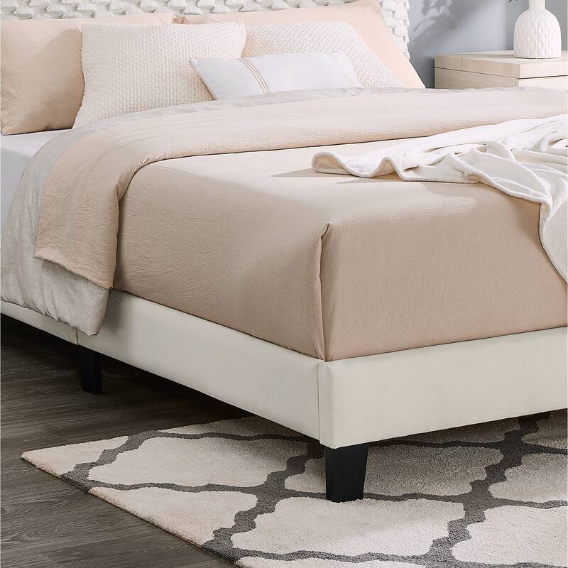 Plush 3D Upholstered Platform Bed in White Dove, Queen