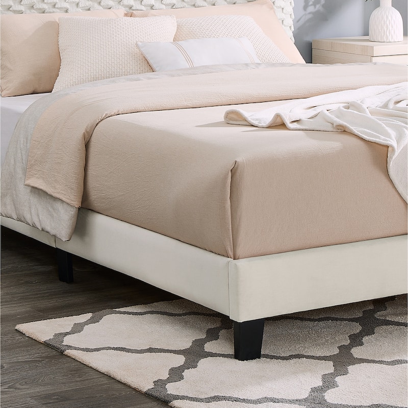 Plush 3D Upholstered Platform Bed with Adjustable Headboard in White Dove