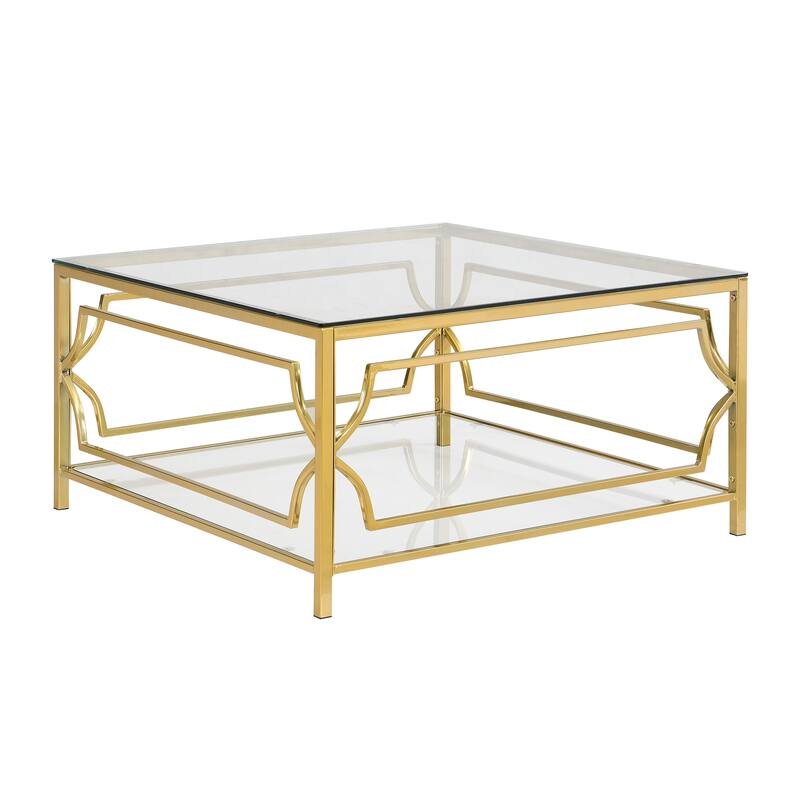 Square Glass Coffee Table in 33.5",Luxurious Geometric Metal Frame,Gold Finish & Lower Shelf