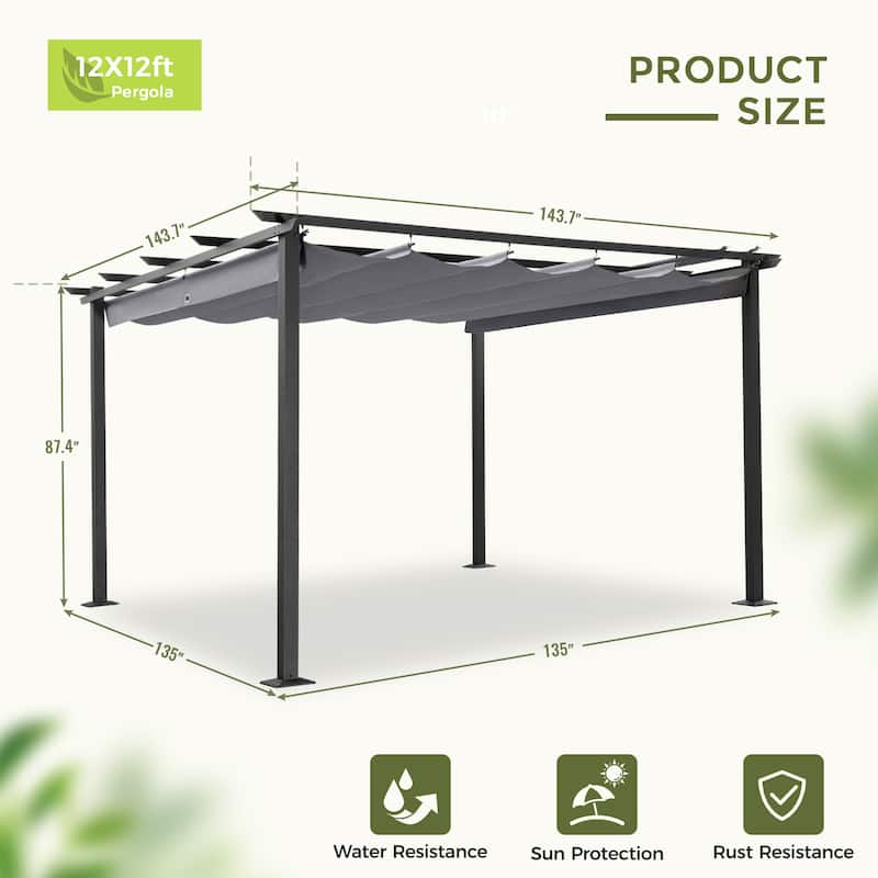 12 ft. x 12 ft. Aluminum Outdoor Pergola with Retractable Shade Canopy