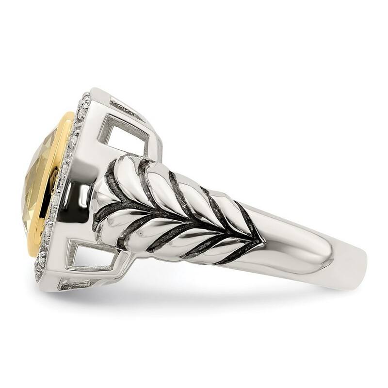 Curata 925 Sterling Silver Polished Open back 14k Diamond Lemon Quartz Ring