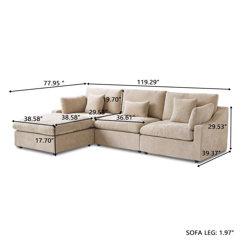 Modular Sectional Sofa Cloud Couch with Ottoman, L Shaped Linen Blend Fabric Minimalist Sectional Sofa for Living Room, Khaki