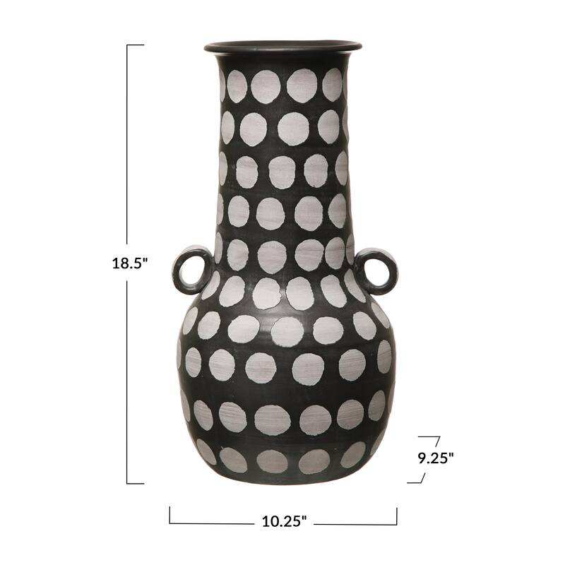 Hand-Painted Terra-cotta Vase with Polka Dots, Black & White, Truck Ship