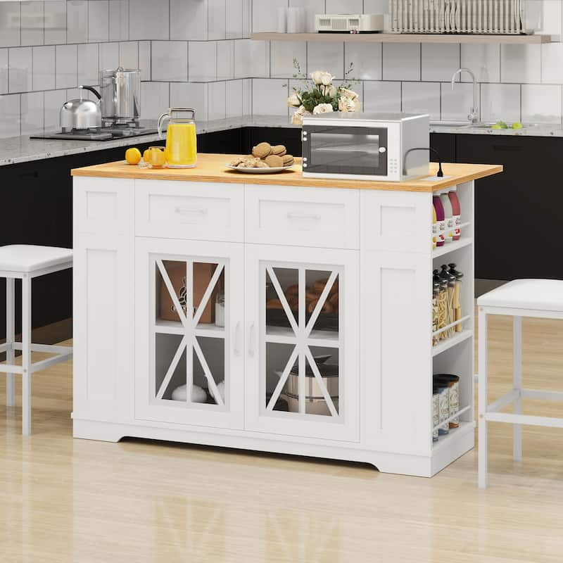 Moasis 3 PCS Kitchen Island Set with 2 Bar Stools,Moible Table with Drop Leaf & Power Outlet - White&Natural