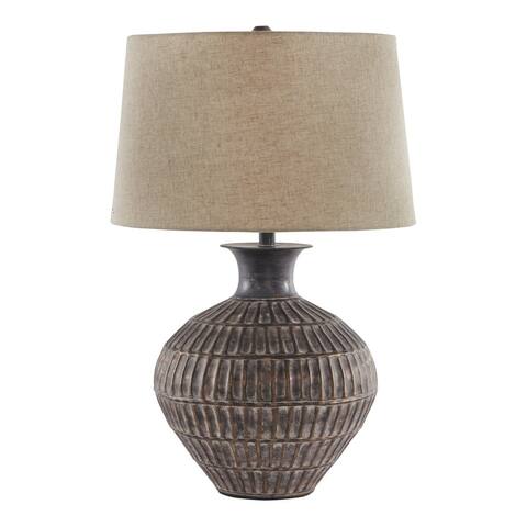 Metal Table Lamp with Bellied Embossed Vertical Lines Base, Antique Bronze - 29 H x 18.25 W x 18.25 L Inches