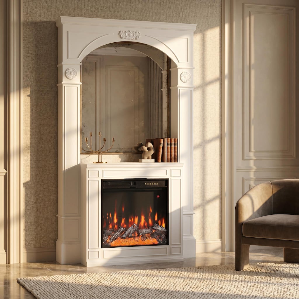 86" Tall Fireplace Mantel with 24" Electric Fireplace Insert, Premium Carved Wood Mantel Surround Suite with 12-Color LED Flame
