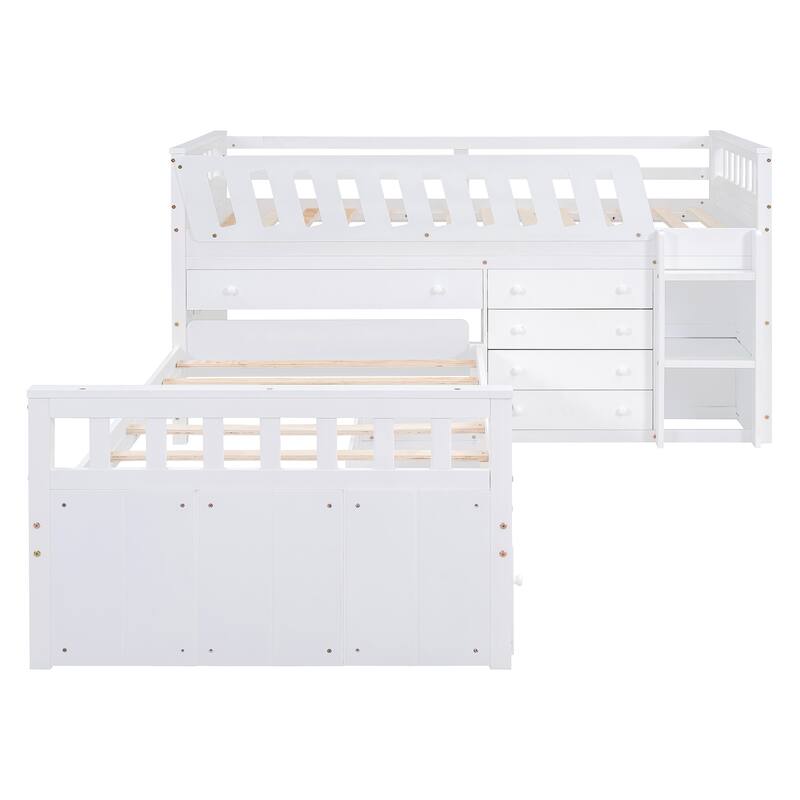 L-Shaped Twin Loft and Platform Bed with 7 Drawers, Full Guardrails - Space-Saving Design
