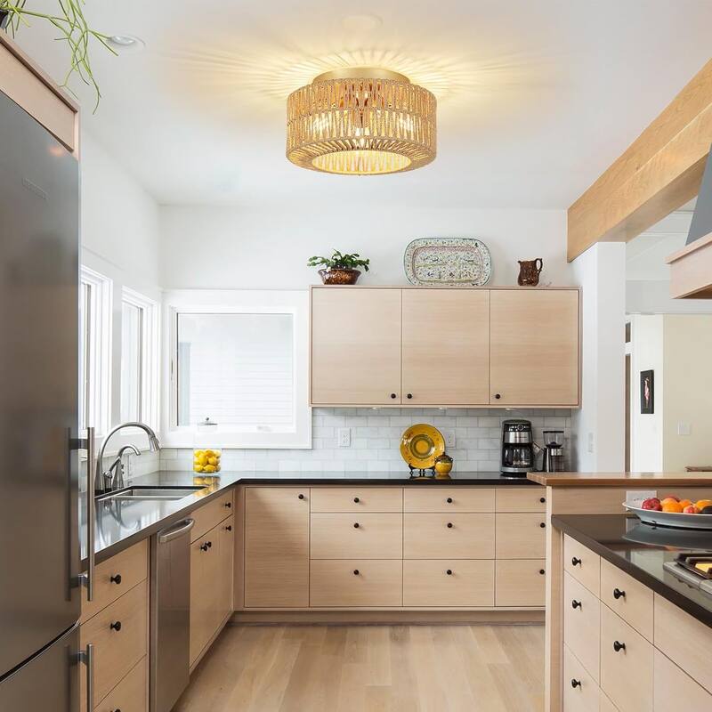 3-Light Rattan Ceiling Light Fixture, Flush Mount Ceiling Light with Hand-Woven Shade, Chandelier for Living Bedroom Entryway