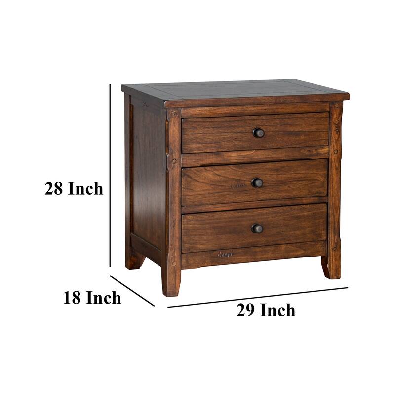 Odell Nightstand, 3 Drawers, Bronze, Rustic Dark Brown Solid Wood