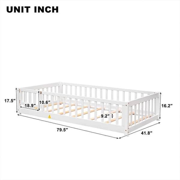 dimension image slide 8 of 9, Modern Floor Platform Bed with Fence and Door