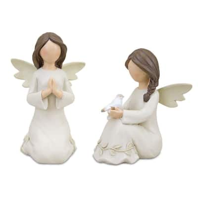 Sitting Angel Tabletop Figurine - 4.5" - White and Tan - Set of 2