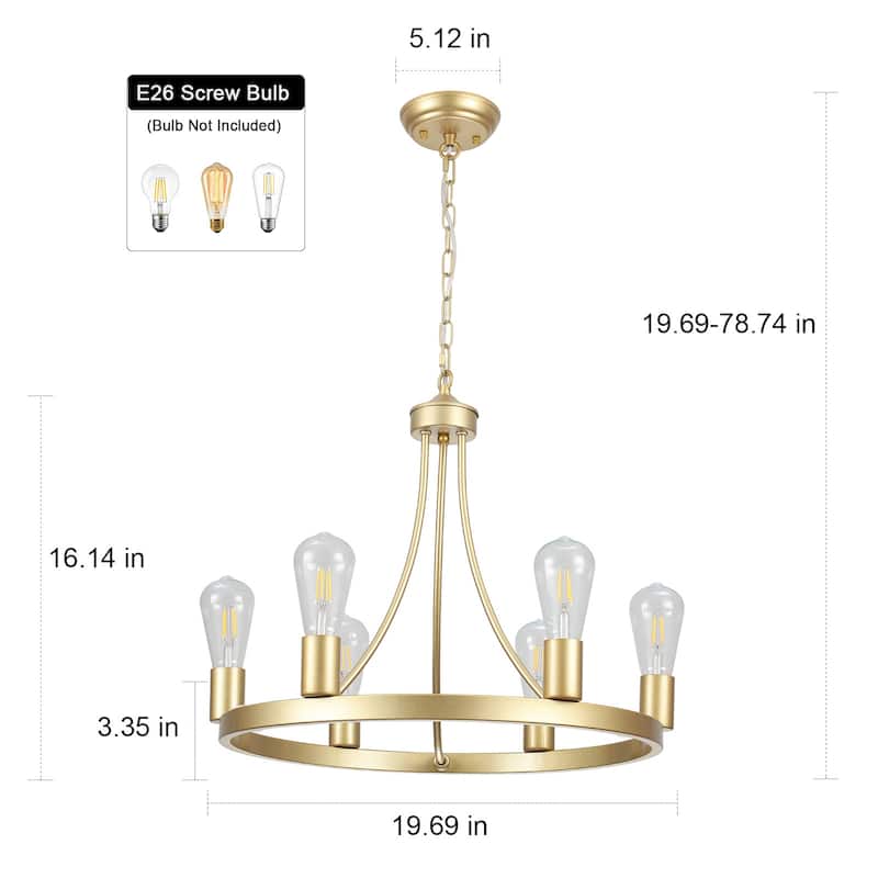 6-Light Farmhouse Metal Round Wagon Wheel Chandelier for Dining Room Living Room Bedroom Kitchen - 19.68'' D x 16.14'' H