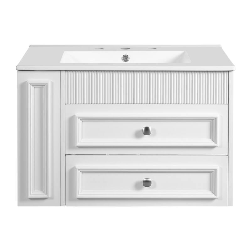 30" Wall Mounted Bathroom Vanity - Floating Storage Cabinet with 2 Drawers and 3-Hole Single Ceramic Sink