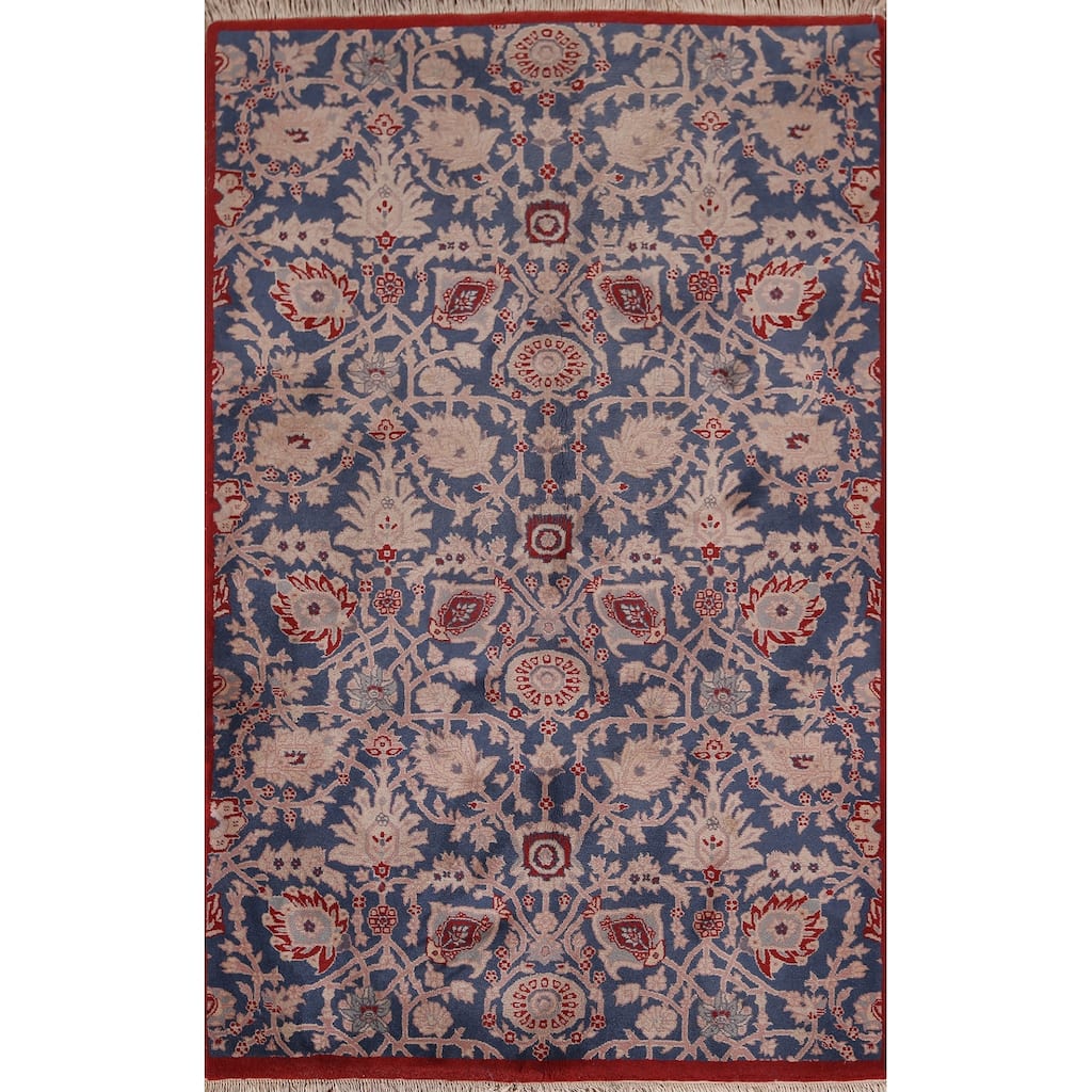 All-Over Blue Floral Agra Indian Vintage Rug Hand-Knotted Wool Carpet - 4'0"x 6'1"