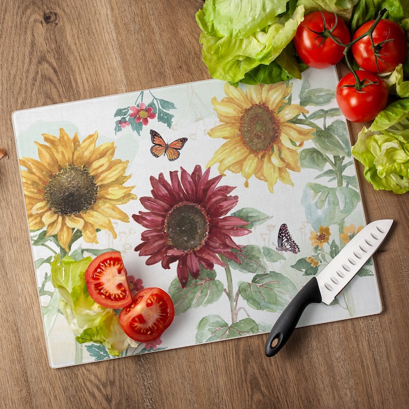 Tempered Glass Counter Saver / Cutting Board Sunflower Splendor - 15" x 12" Made in the USA