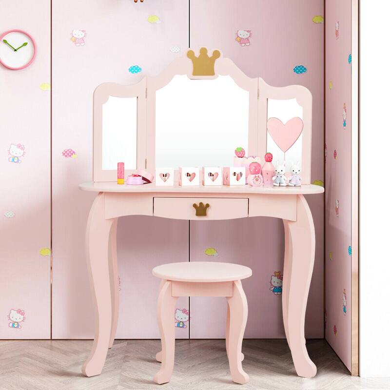 Gymax Kids Makeup Dressing Table Chair Set Princess Vanity & - See Details