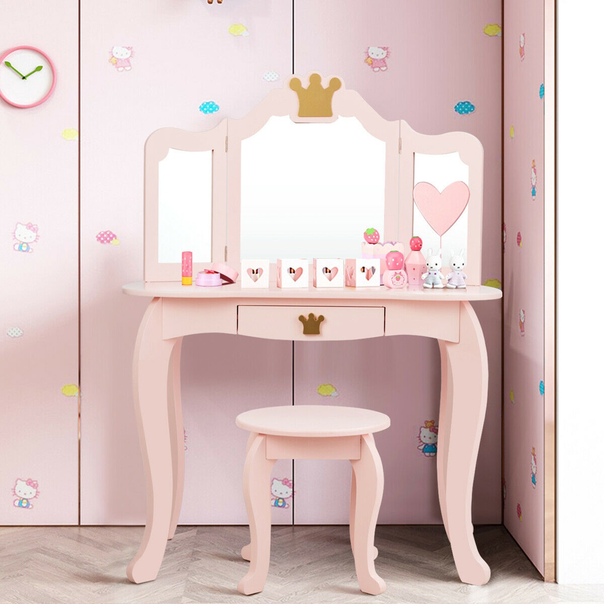 Gymax Kids Makeup Dressing Table Chair Set Princess Vanity See Details On Sale Bed Bath Beyond 31918439