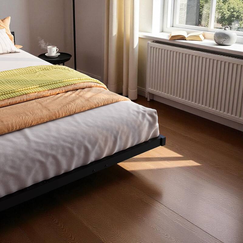 Full/Queen Floating Platform Bed Frame with LED Lights, USB Charging Station, Storage Headboard, Heavy-Duty Steel Slats