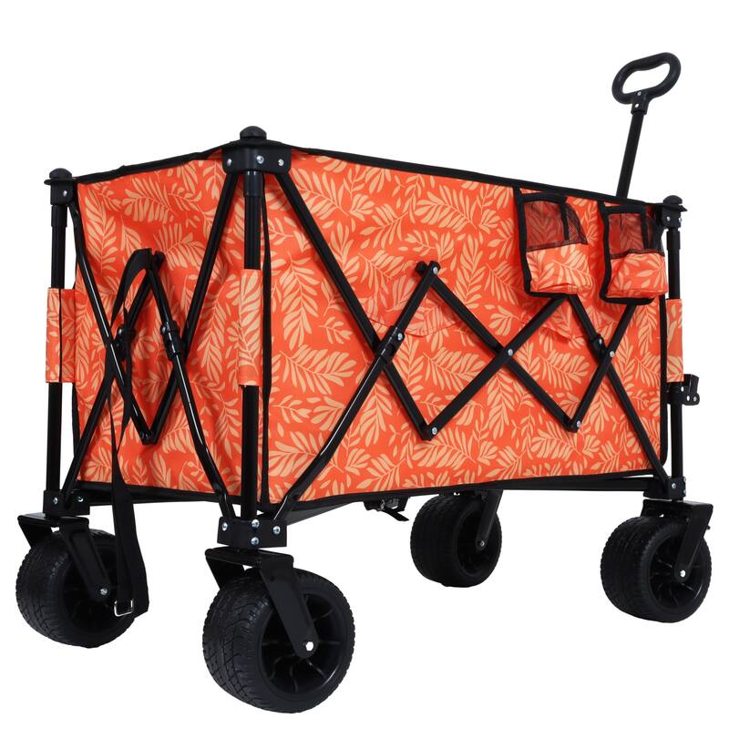 Heavy-Duty 480lbs Folding Wagon Cart with Bonus Picnic Mat - All-Terrain Beach Wheels, Drink Holders,Brakes & Side Pocket