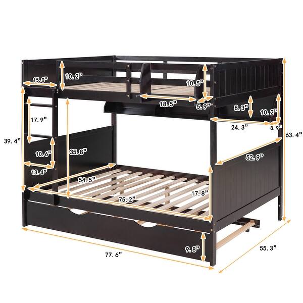 dimension image slide 1 of 3, Full Over Full Bunk Bed with Twin Trundle and Bookshelf, Solid Pine Wood Frame, Separable Design, for Kids and Teens