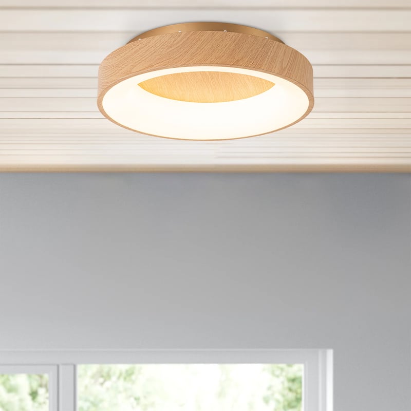 1-light 15.7 in. Modern Farmhouse Metal Wood Grain Round Dome Dimmable Integrated LED Flush Mount Light - 15.7 in. W x 3.9 in. H