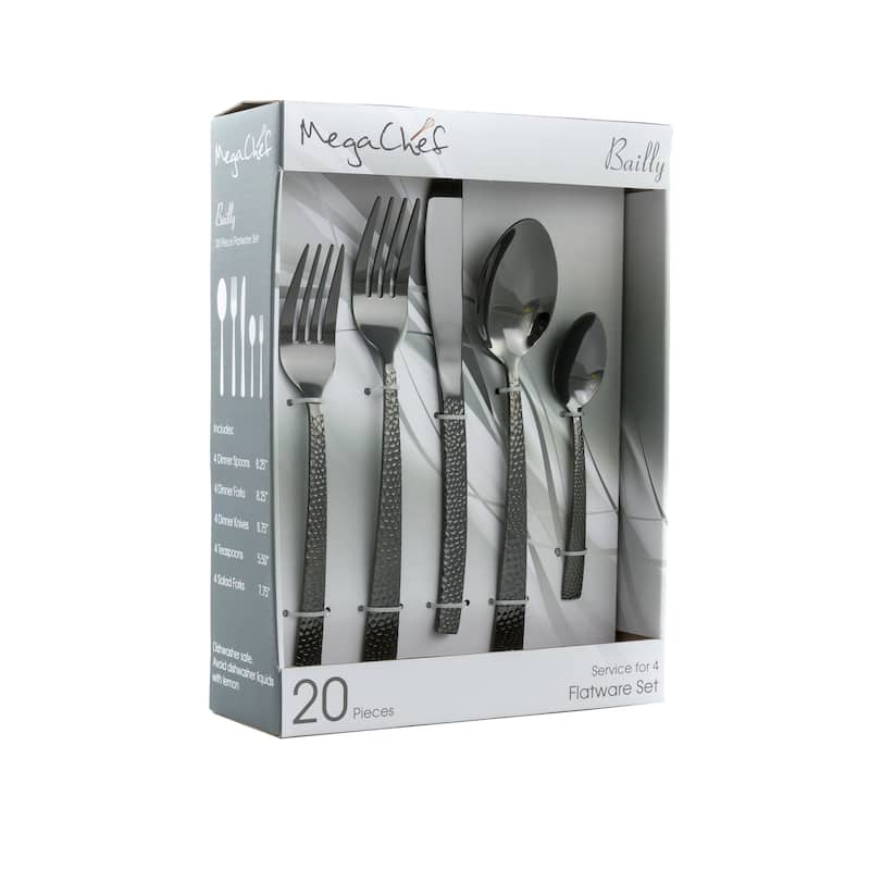 Daisy 20 Piece Hammered Design Stainless Steel Silverware Set in Black