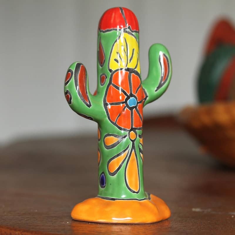 Novica Handmade Talavera Cactus Ceramic Sculpture
