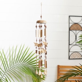 Brown Wood Elephant Windchime with Beads and Cone Bells