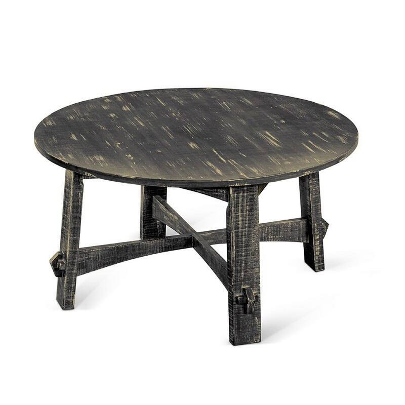 Rena Coffee Table, 36 Inch Round Top, Distressed Rustic Black Wood