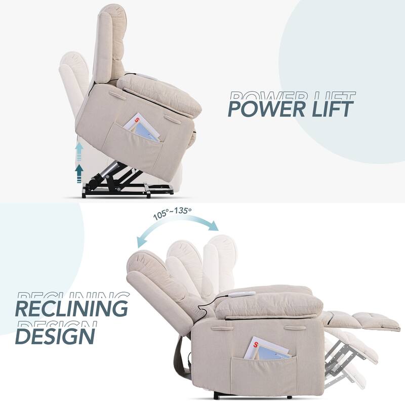 Standard Linen Power Lift Recliner Chair with Massage & Side Pocket