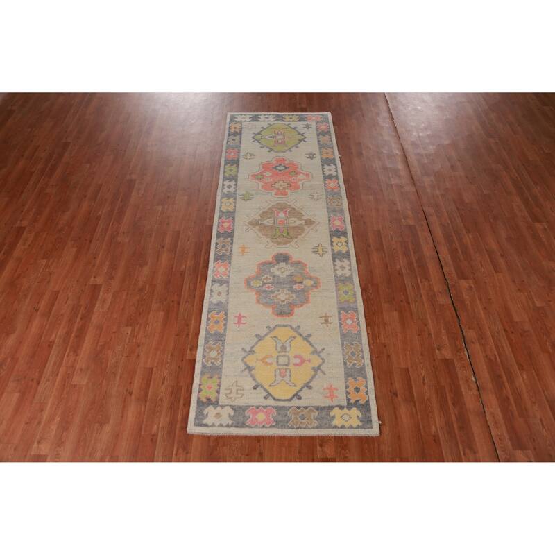 Hand Knotted Oriental 100% Wool Carpet Transitional Geometric Beige & Ivories Oushak Runner Rug - 9' 2'' X 3' 1''